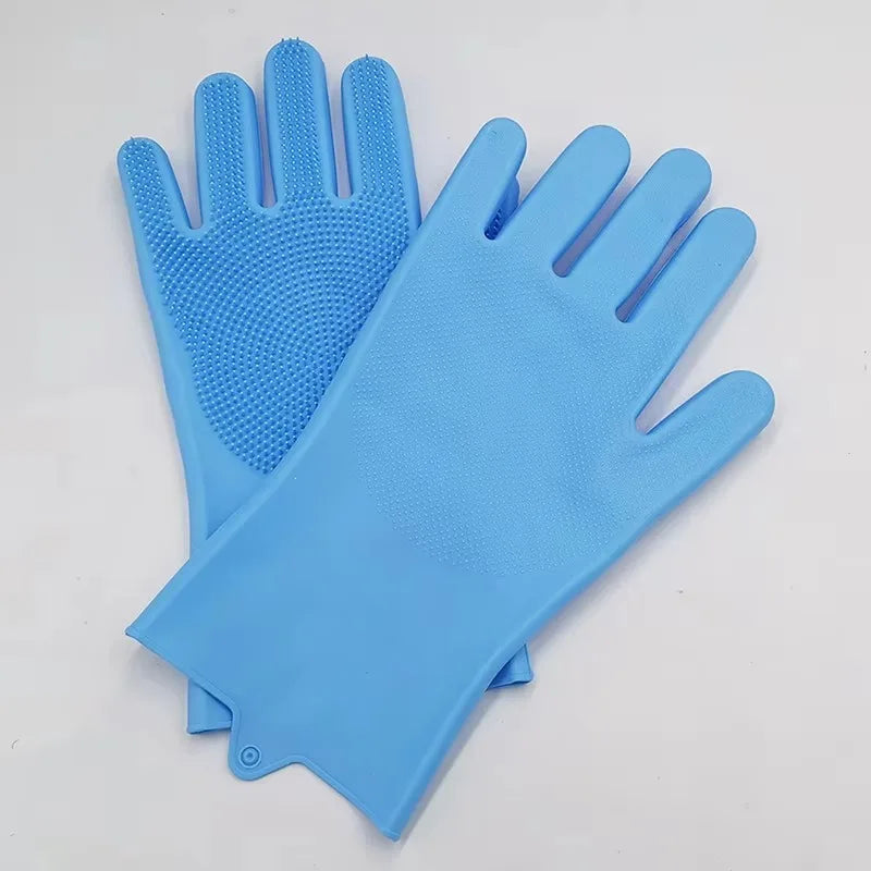 Pair of blue gloves with textured palm on a light gray background