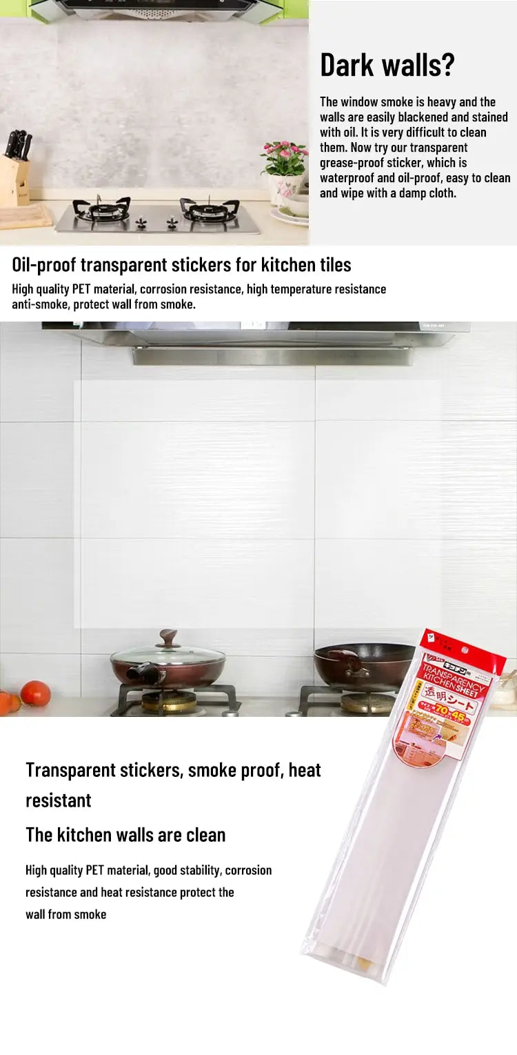 Kitchen with oil-proof transparent stickers for tiles, showing a clean wall from smoke.