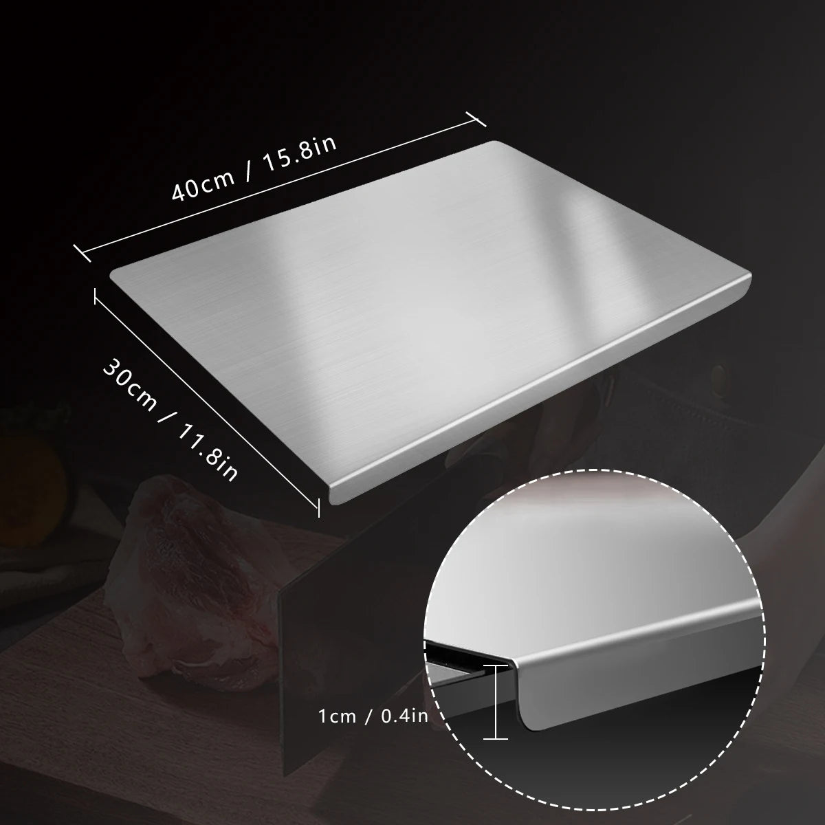 Stainless steel sink with dimensions labeled on a dark background