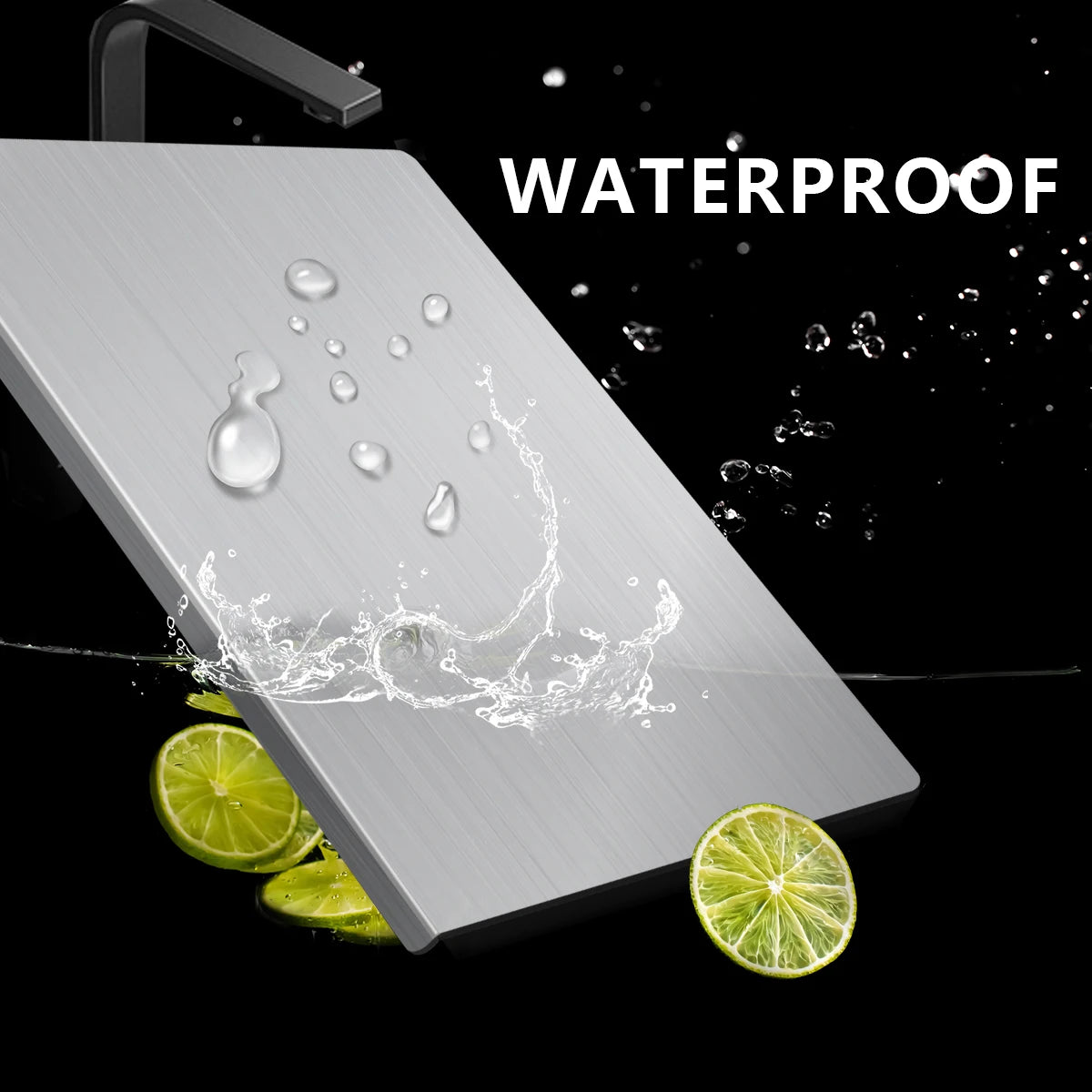 Gray cutting board with water droplets and lime slices, labeled 'Waterproof' on a black background.