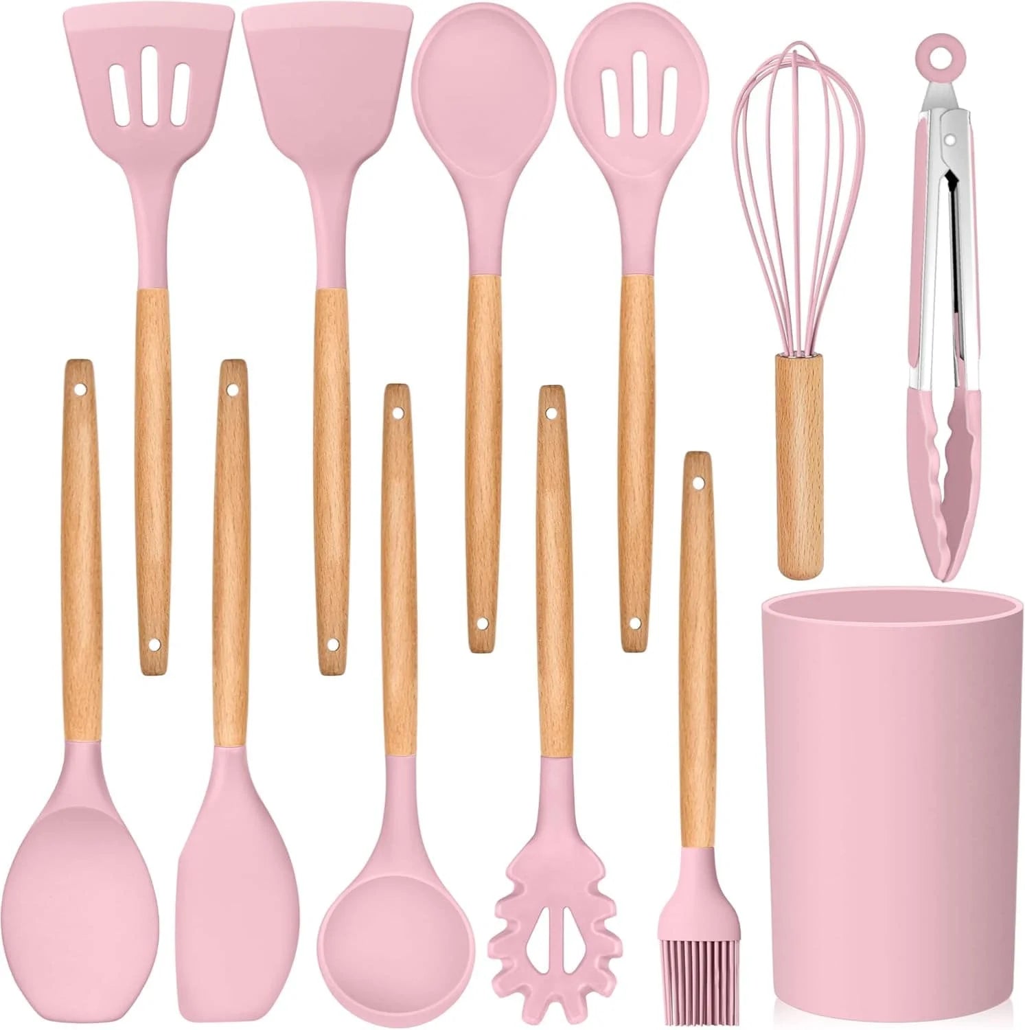 Set of pink kitchen utensils with wooden handles and a pink container on a white background