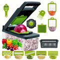 Vegetable chopper with various attachments and chopped vegetables on a white background