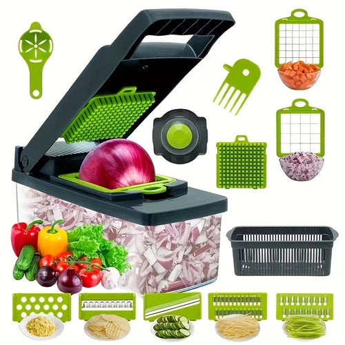 Vegetable chopper with various attachments and chopped vegetables on a white background