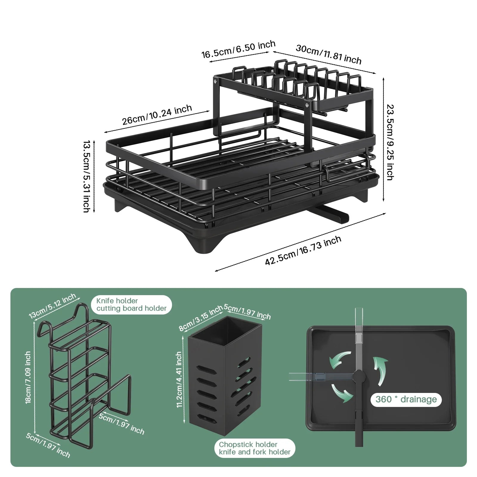 Black dish rack with dimensions and feature illustrations on a white background