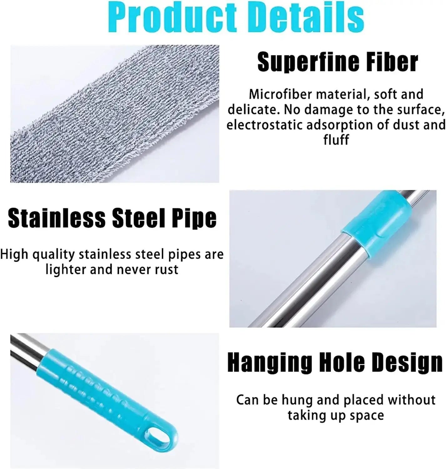 Product details of a cleaning tool with superfine fiber, stainless steel pipe, and hanging hole design on a white background.