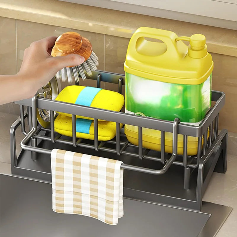 Dish drying rack with cleaning supplies in a kitchen setting