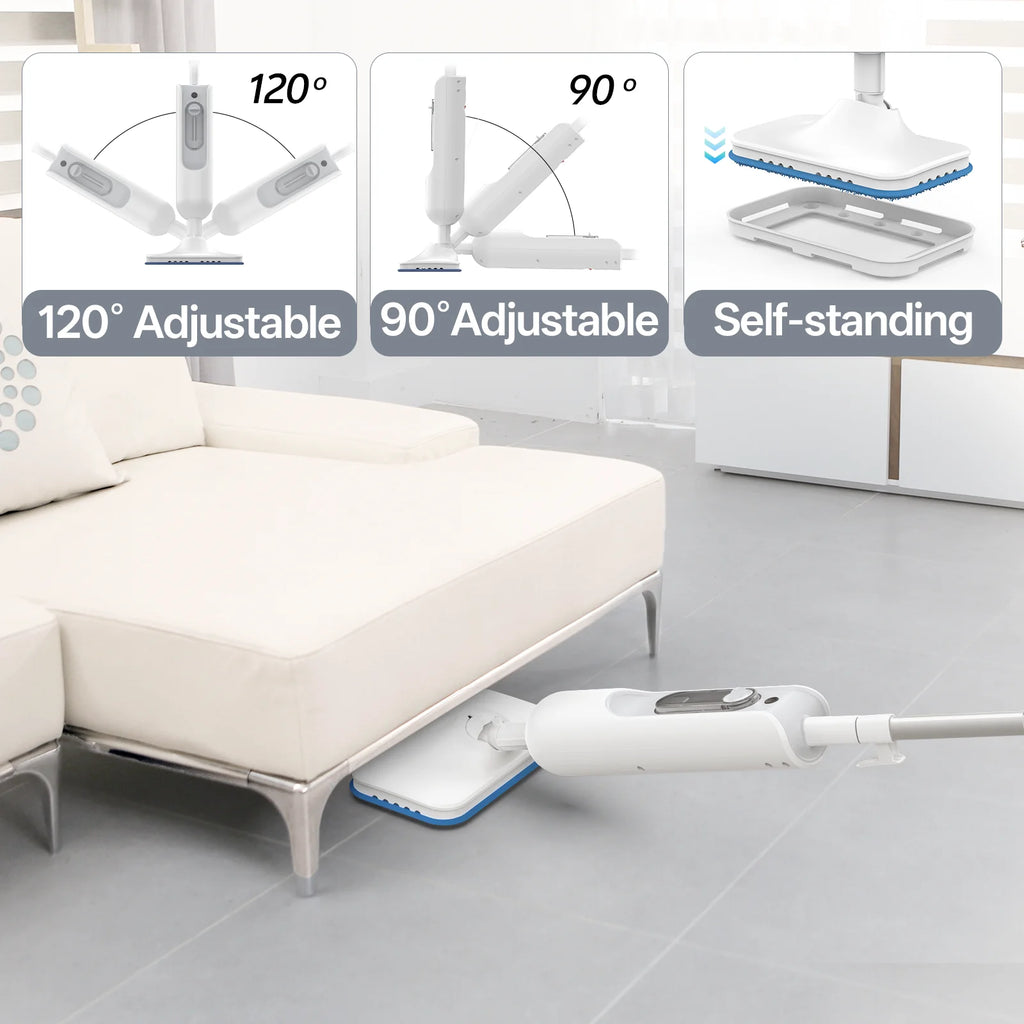 Cleaning tool with adjustable features shown in a living room setting.