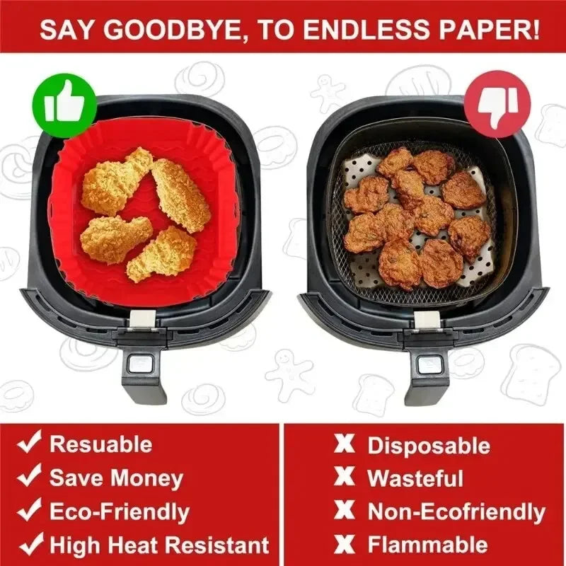 Reusable air fryer basket with chicken nuggets and text highlighting benefits over disposable options.