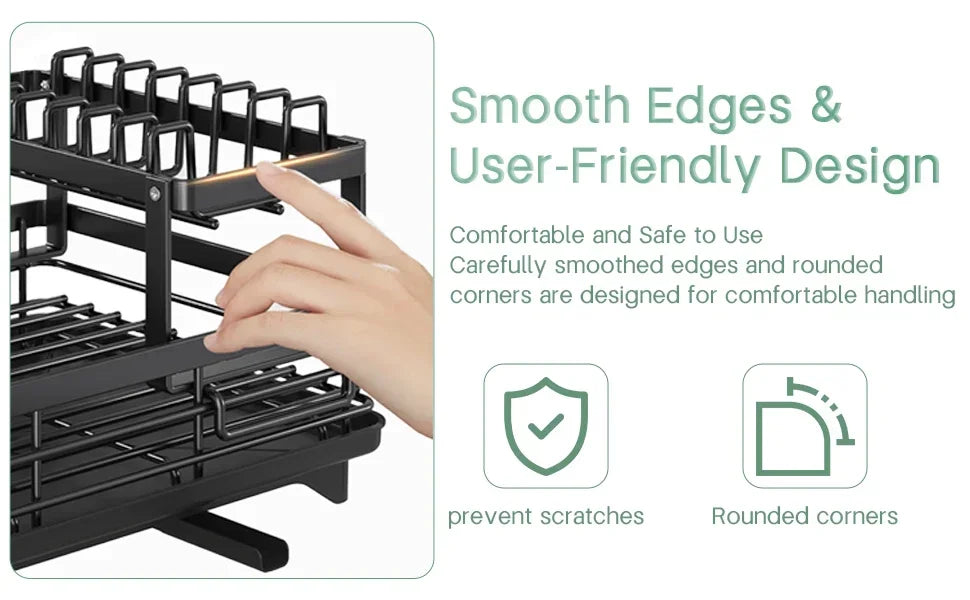 Black dish rack with smooth edges and rounded corners, hand pointing to features, text about comfort and safety.