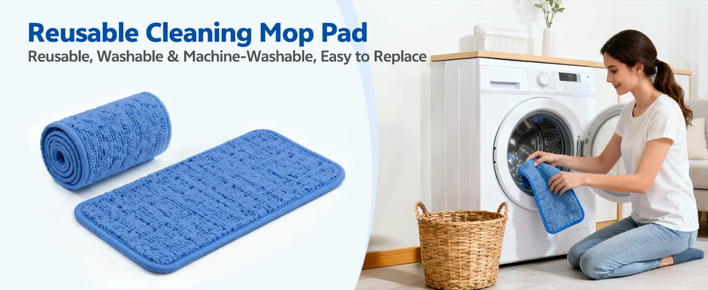 Reusable cleaning mop pad with a woman using it near a washing machine.