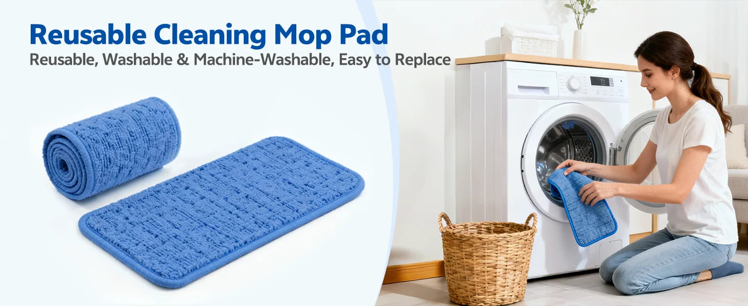 Reusable cleaning mop pad with a woman using it near a washing machine.