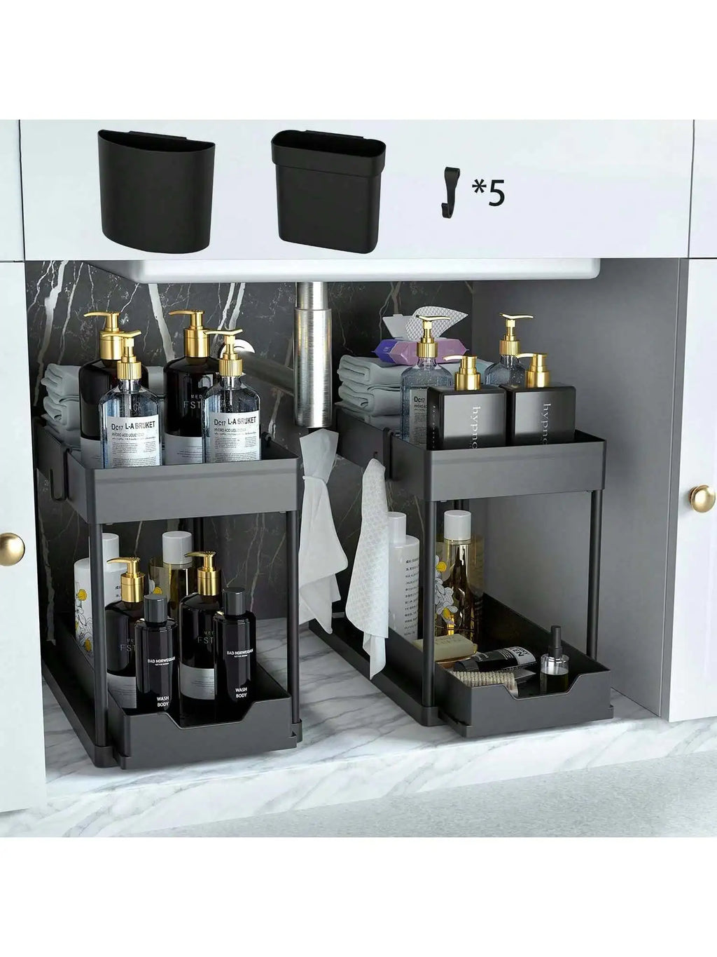 Under-cabinet organizer with toiletries and towels in a kitchen setting