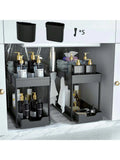 Under-cabinet organizer with toiletries and towels in a kitchen setting