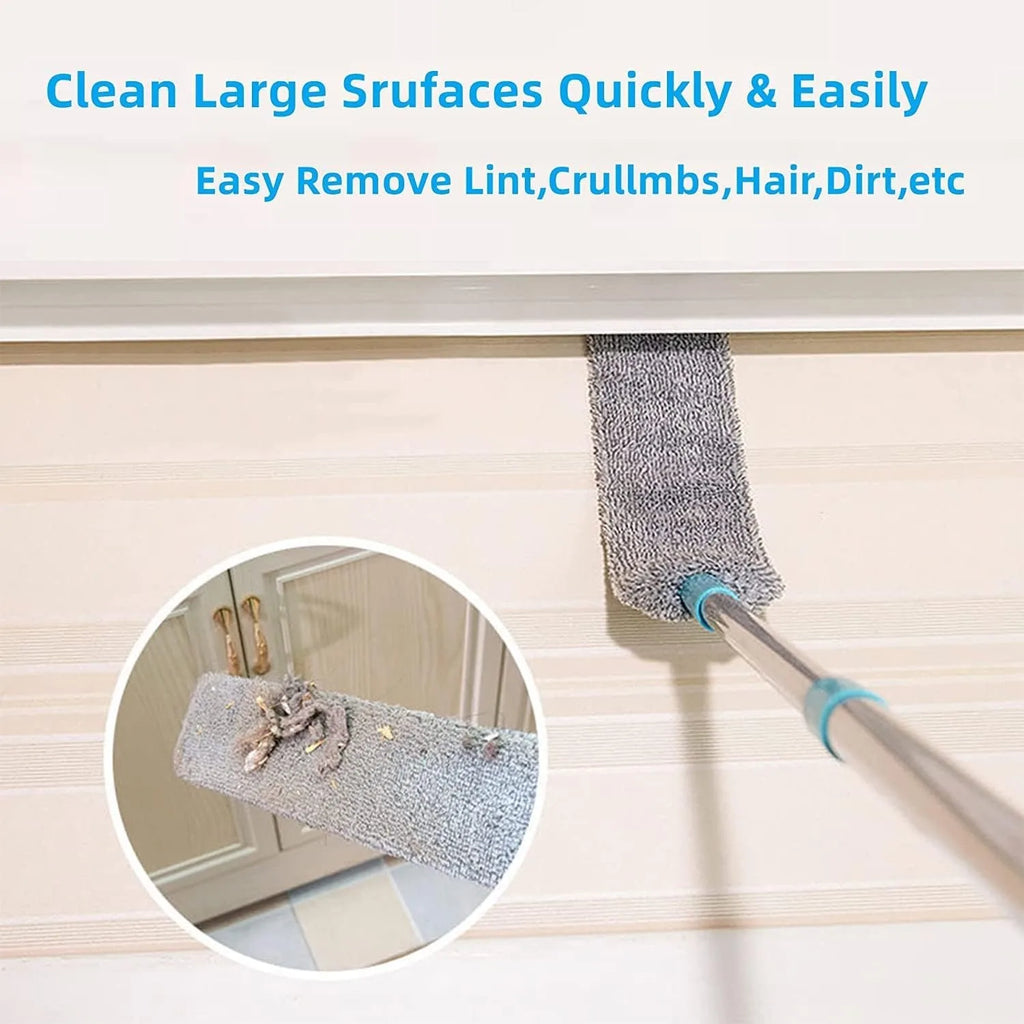 Cleaning tool with a close-up of its head removing lint and debris from a surface.