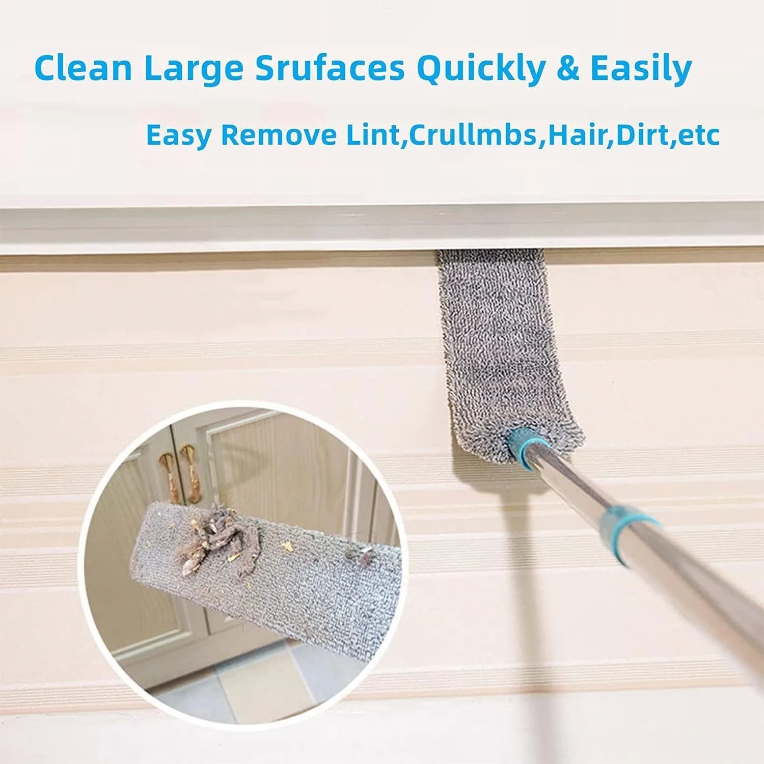 Cleaning tool with a close-up of its head removing lint and debris from a surface.