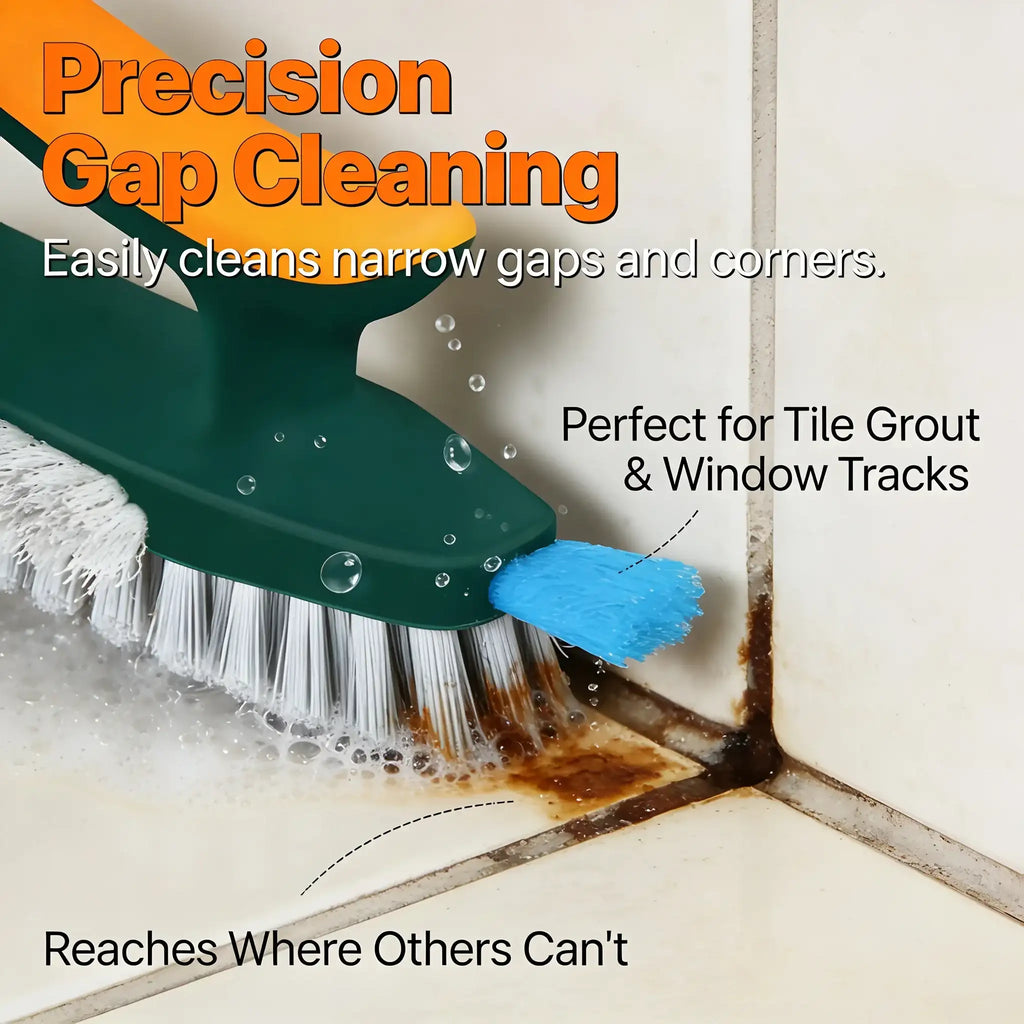 Cleaning tool cleaning narrow gaps with text highlighting its use for tile grout and window tracks.