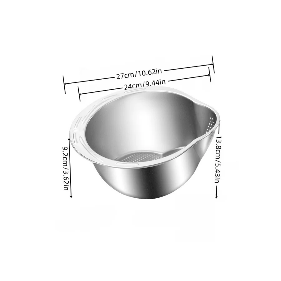 Stainless steel colander with dimensions labeled on a white background