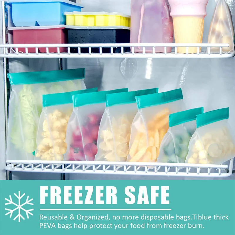 Freezer shelves with reusable PEVA bags labeled 'Freezer Safe' and 'Reusable & Organized'.
