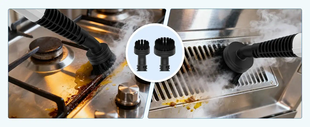 Cleaning brush being used on a stove with close-up of brush heads inset.