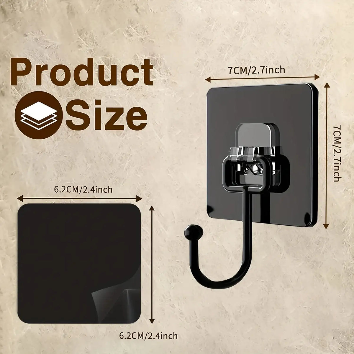 Black wall hook with measurements on a beige background