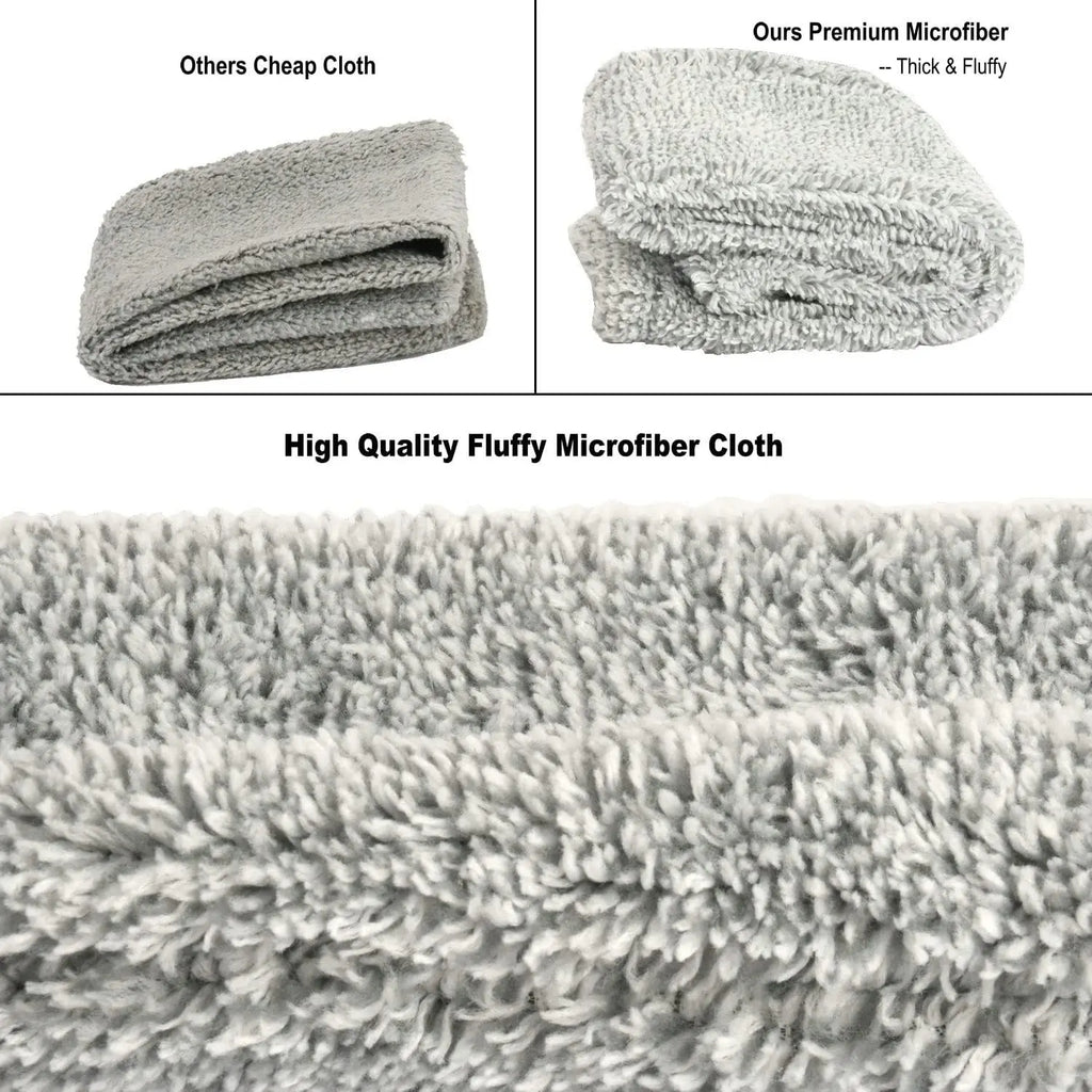 Comparison of a cheap cloth, premium microfiber cloth, and high-quality fluffy microfiber cloth.