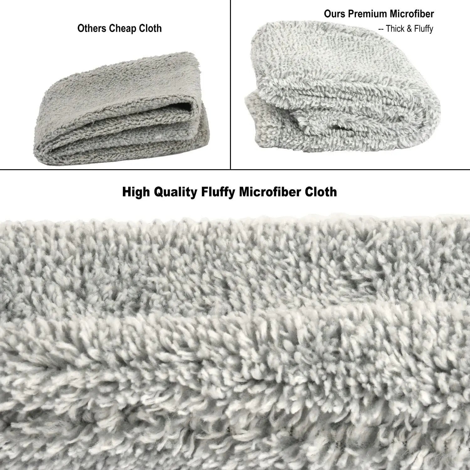 Comparison of a cheap cloth, premium microfiber cloth, and high-quality fluffy microfiber cloth.