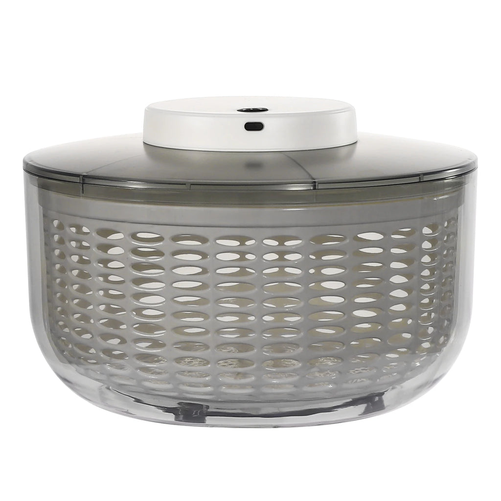 A salad spinner with a clear plastic basket, a dark gray lid, and a white top button, shown on a plain white background.