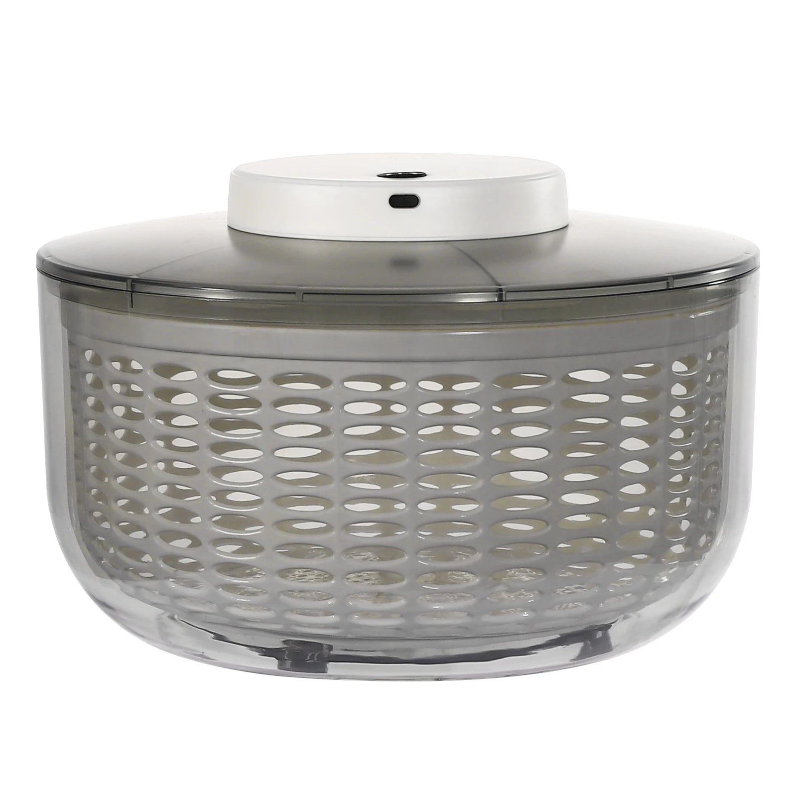 A salad spinner with a clear plastic basket, a dark gray lid, and a white top button, shown on a plain white background.