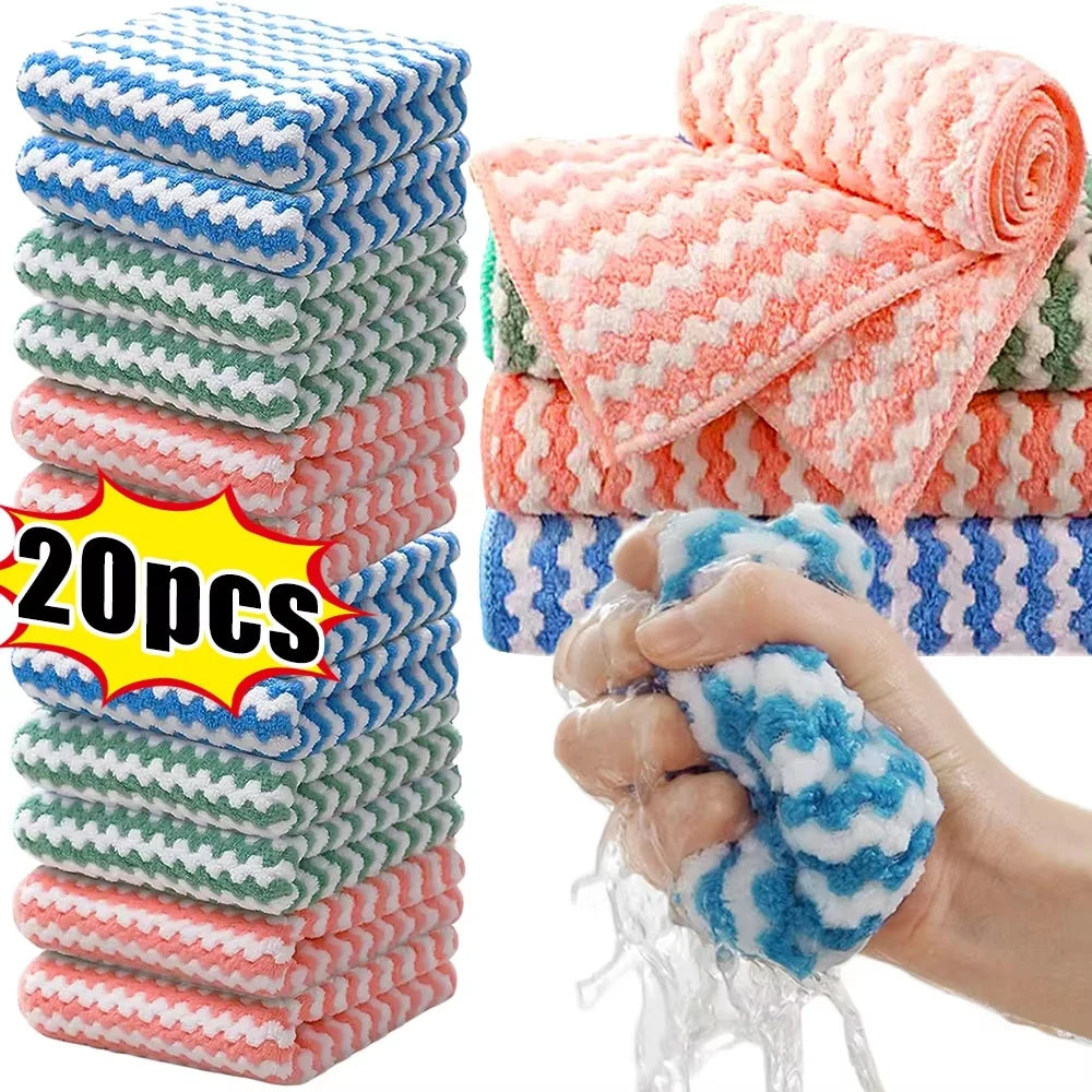 Stacks of colorful textured towels with a hand squeezing water from one towel, labeled '20pcs'.