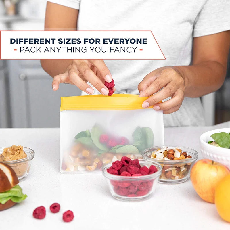 Person packing food items into a yellow and white reusable bag with text about different sizes.