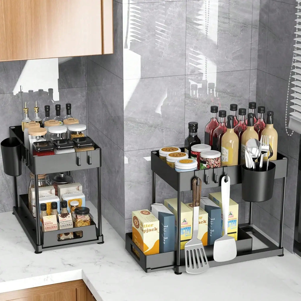 Two kitchen storage carts with various items on a countertop.