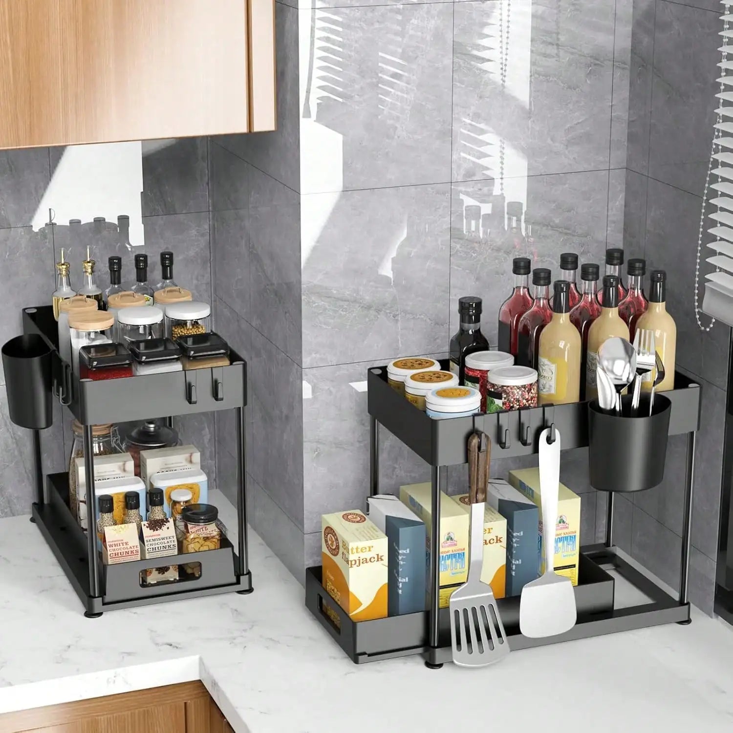Two kitchen storage carts with various items on a countertop.