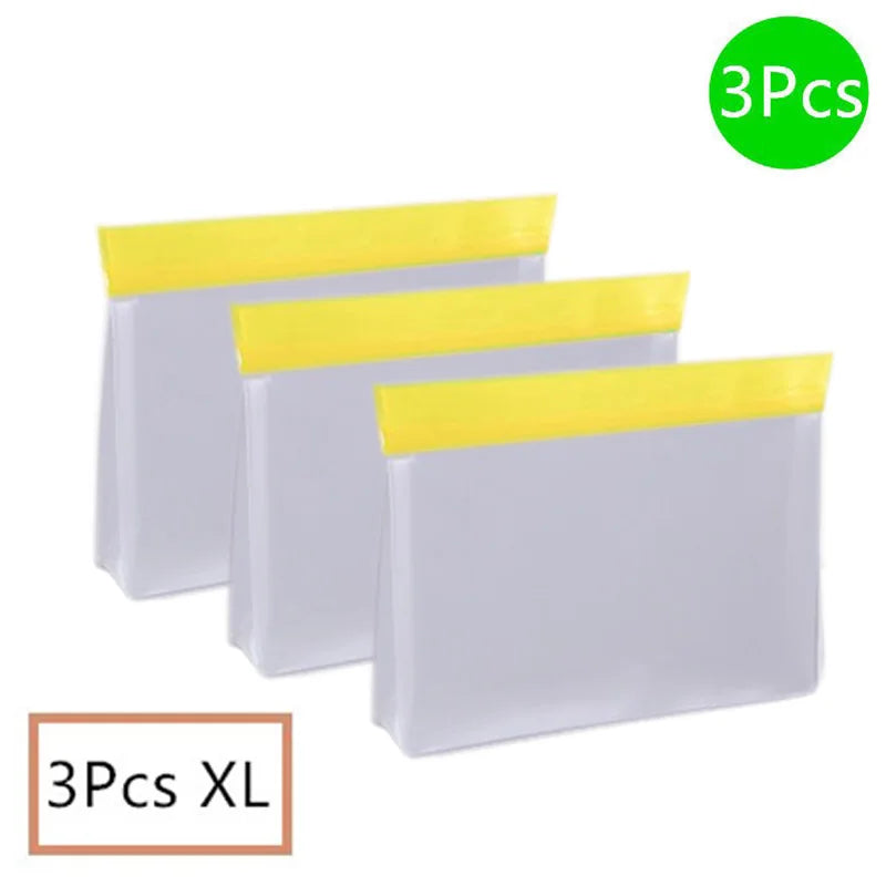 Three XL clear pouches with yellow tops on a white background, labeled '3Pcs XL'.