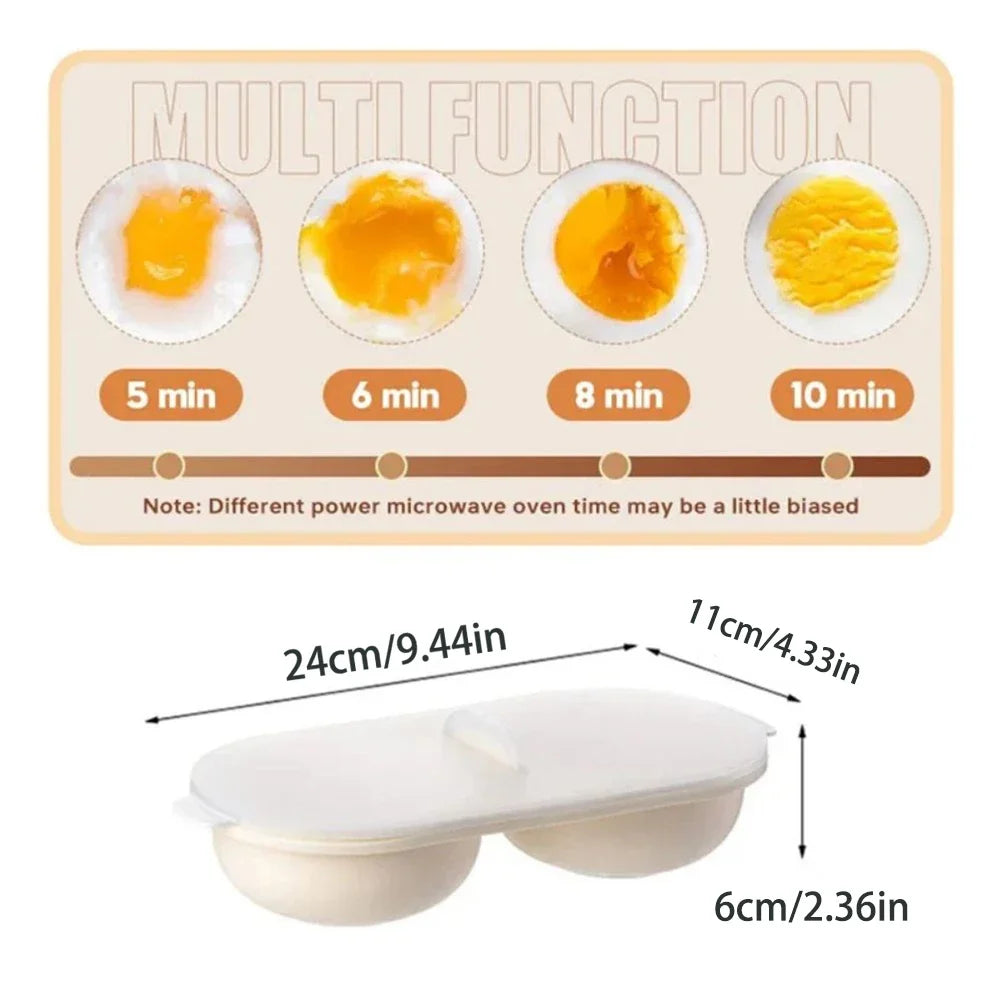 Multifunctional egg cooking tray with microwave cooking times and dimensions displayed.