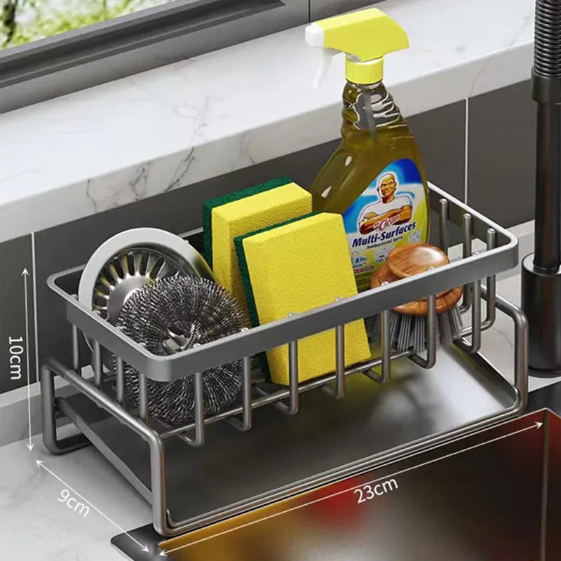 Kitchen sink caddy with cleaning supplies on a kitchen counter