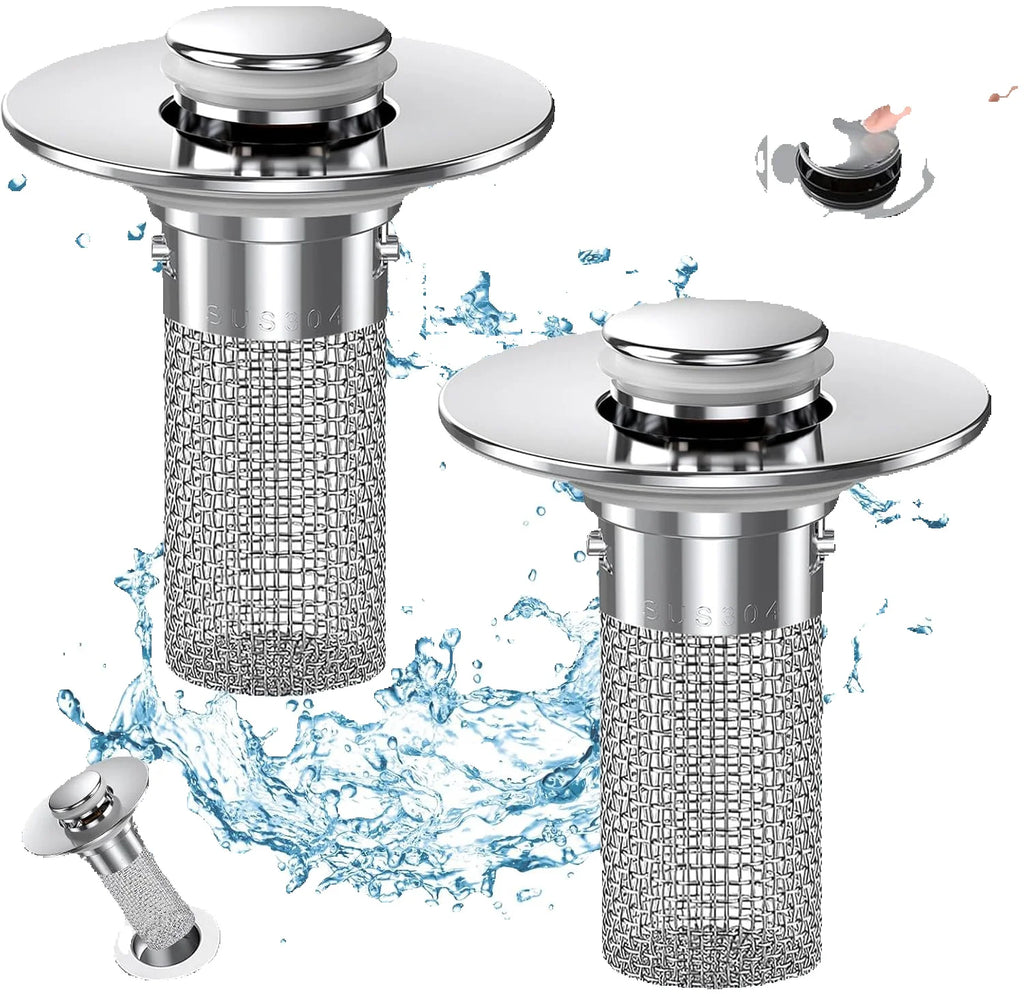 Two silver sink drain covers with mesh filters on a white background