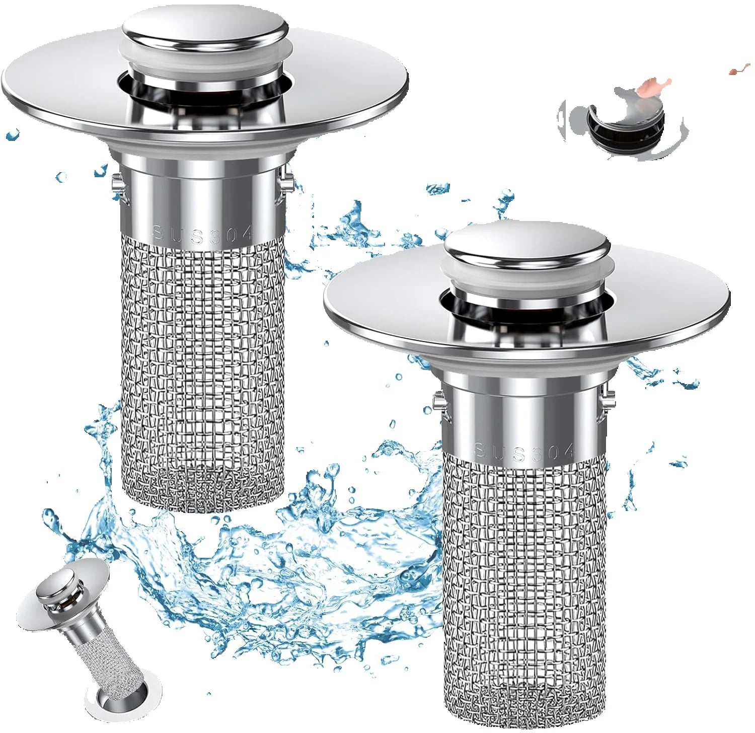 Two silver sink drain covers with mesh filters on a white background