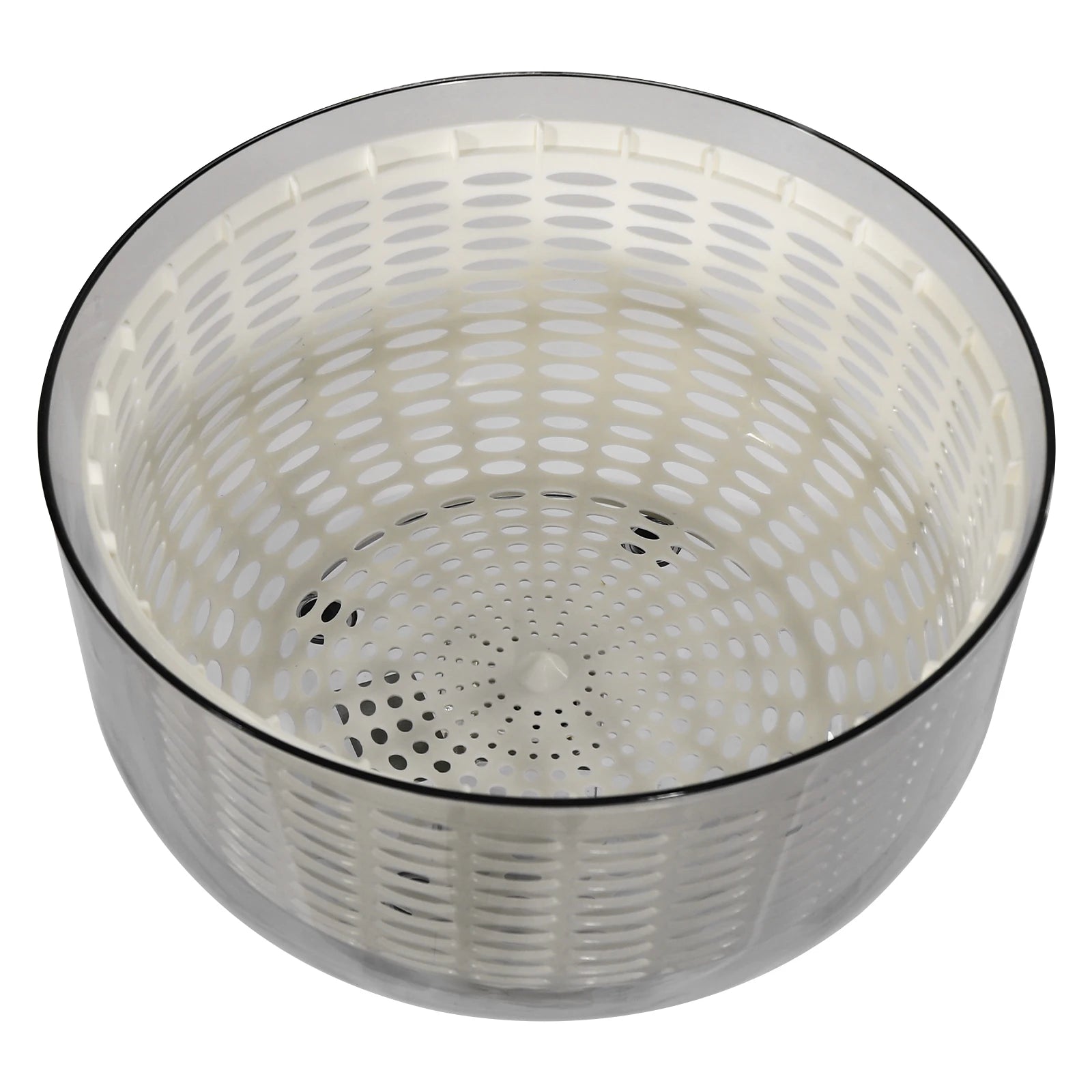 A clear plastic salad spinner bowl with a white inner basket and perforated holes, shown on a plain white background.
