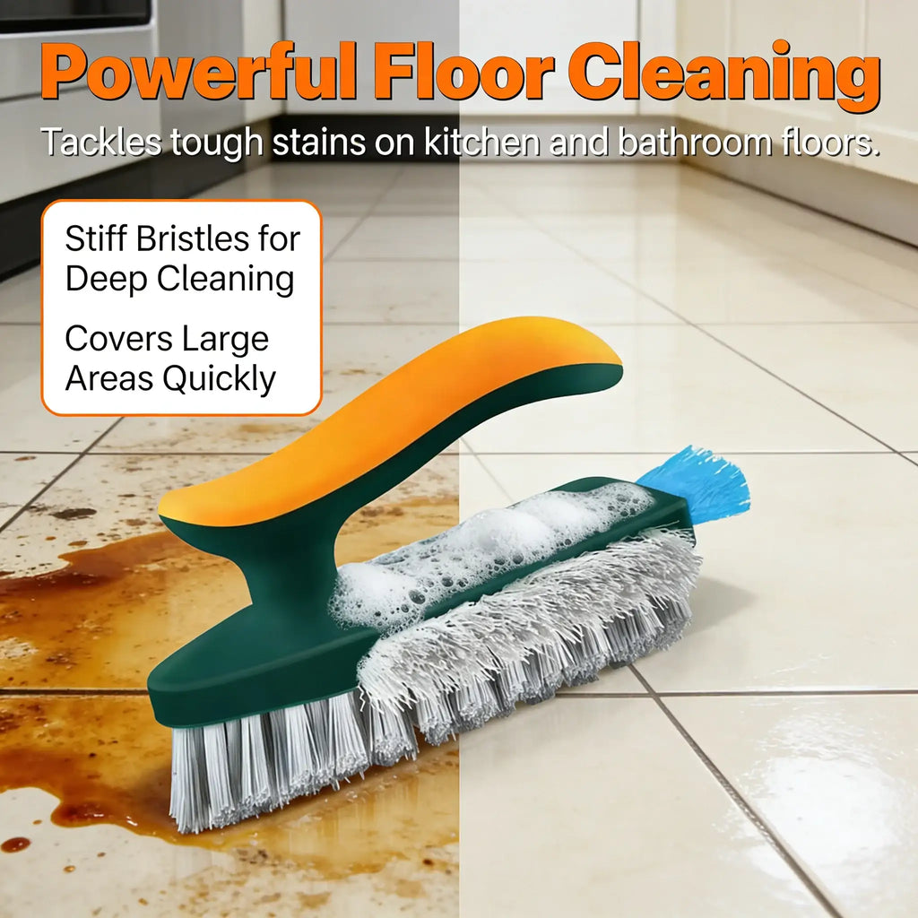 Floor cleaning brush with text highlighting features on a tiled floor.