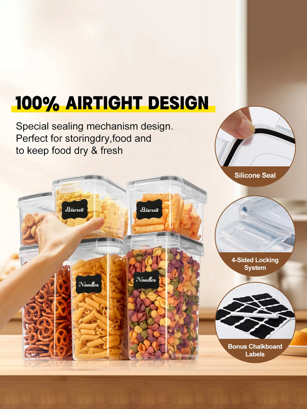 Set of airtight food storage containers with a hand reaching for one, featuring silicone seal, 4-sided locking system, and bonus chalkboard labels.