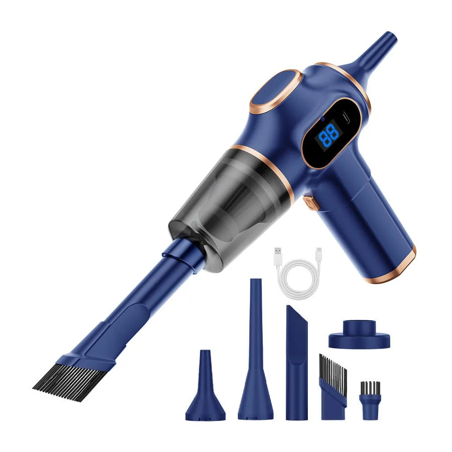 Blue handheld vacuum cleaner with attachments on a white background