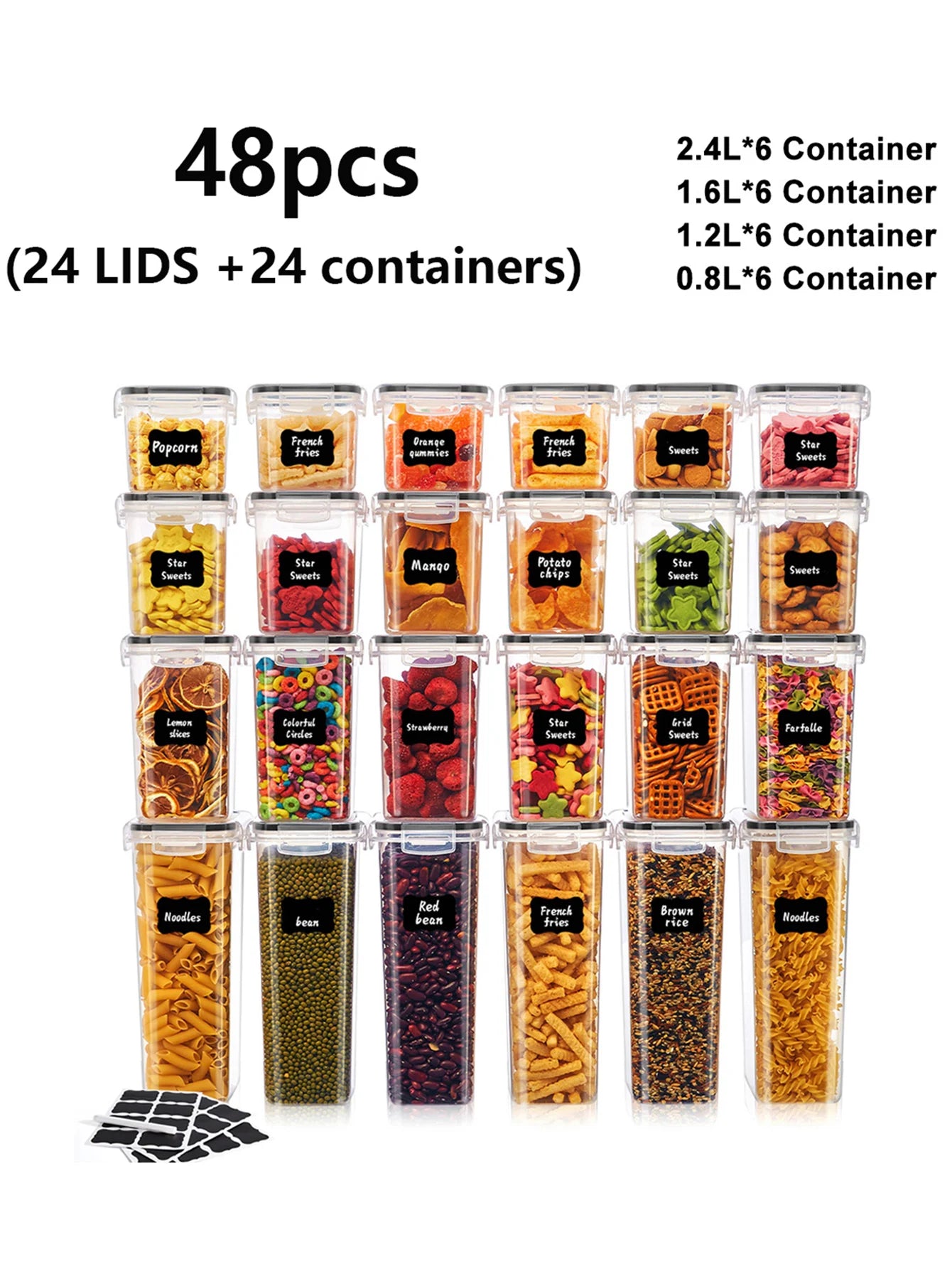 48-piece set of food storage containers with labels on a white background