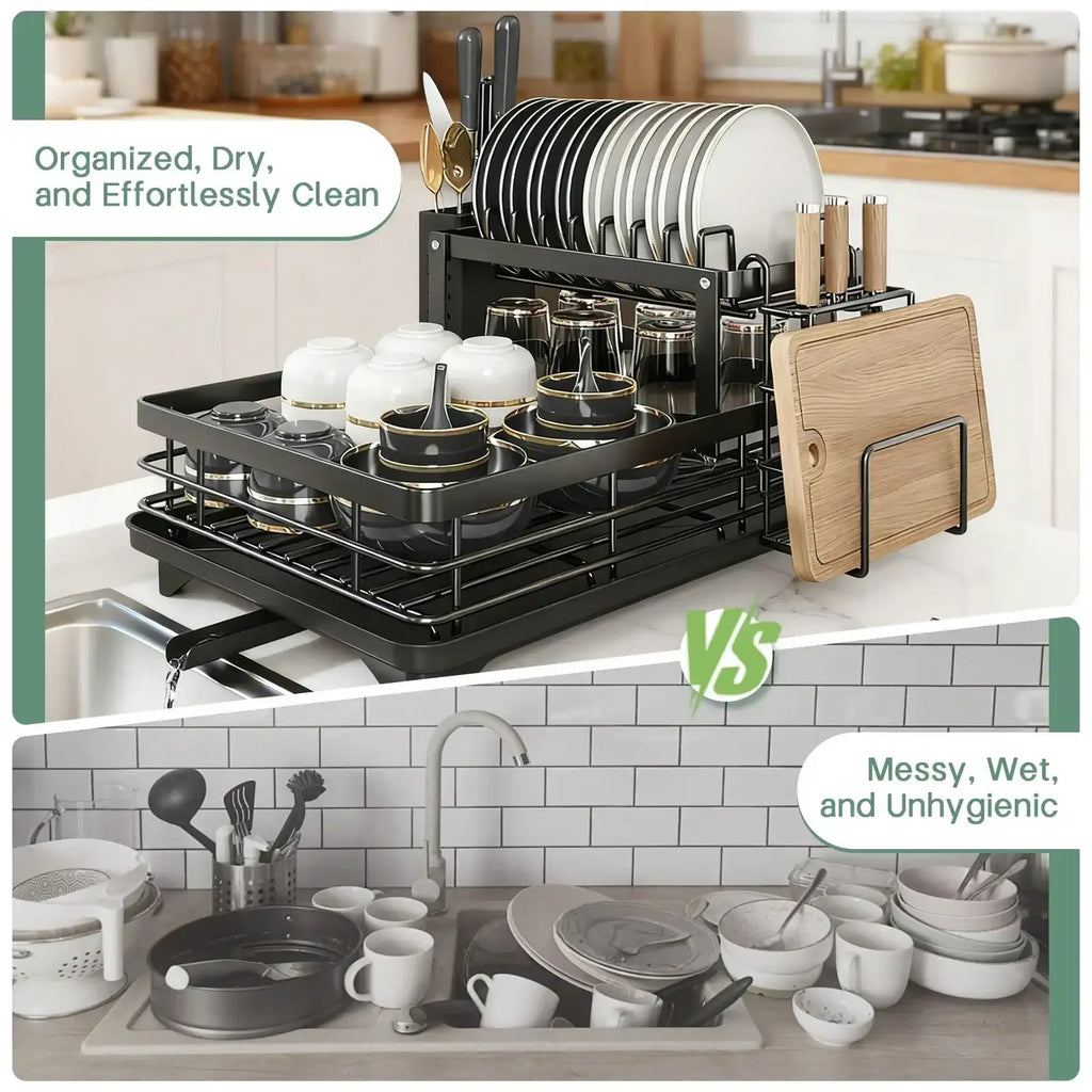 Dish drying rack with organized dishes versus a messy kitchen counter with unorganized dishes.