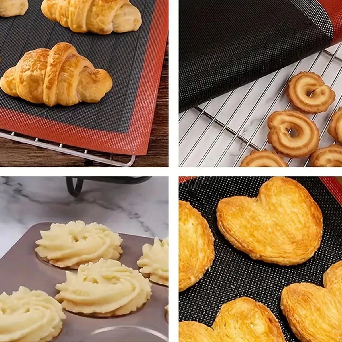 Collage of baked goods on a silicone baking mat with different shapes and textures.
