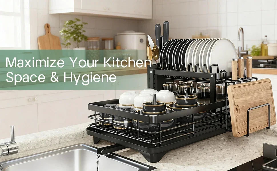 Kitchen dish rack with utensils and dishes on a kitchen counter, with text 'Maximize Your Kitchen Space & Hygiene'.